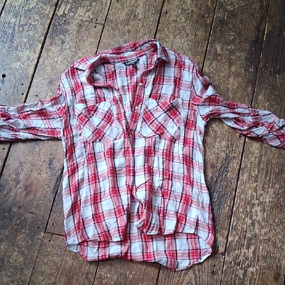 Express Women's Red and White Checkered Button Down Shirt